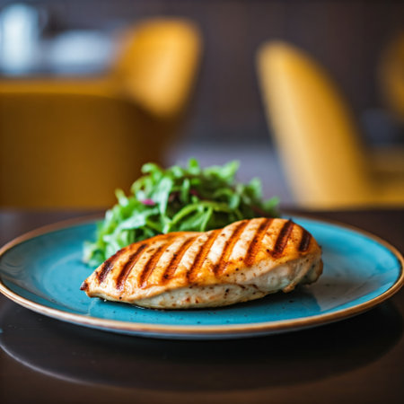 Tasty roast chicken breast with salad on wooden tableの素材
