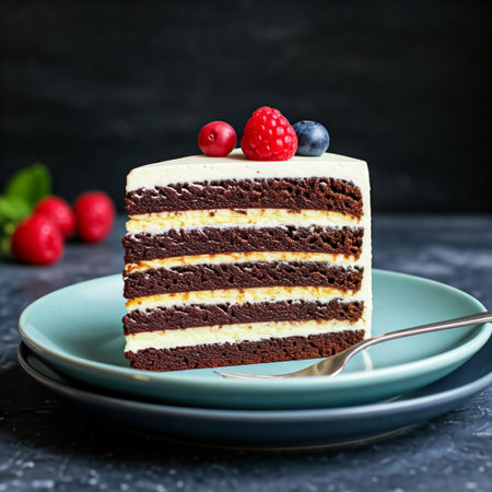 Chocolate and vanilla delicious cake slice on defocused backgroundの素材