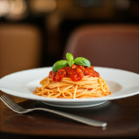 Traditional Italian spaghetti pasta with tomatoes sauce and basil is isolated on a defocused background.の素材