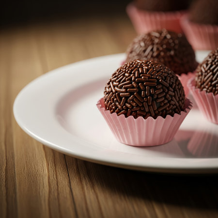 A group of classic chocolate brigadeiros, each in a ruffled pink paper cup, arranged on a smooth white plate against a warm, wooden tabletop, suggesting an occasion or serving.の素材