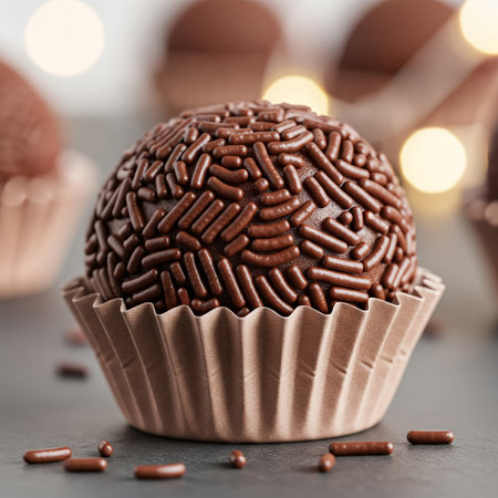 A close-up shot of a traditional Brazilian brigadeiro, a decadent chocolate truffle covered in brown sprinkles and served in a paper cup, with festive, blurred background lights.の素材