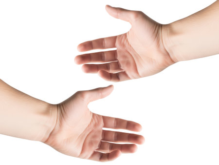 two man Open Hand Palm sideways, as a Sign of Offering, signaling or Asking for Helpの素材