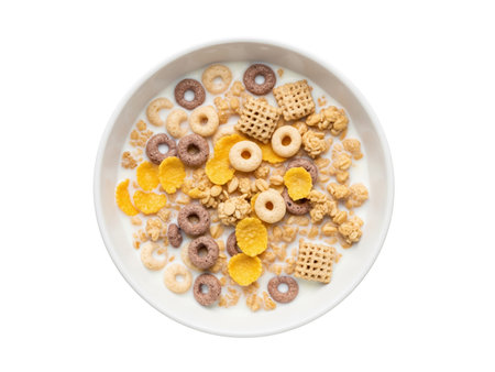 cornflakes and milk isolated on white background, top view.の素材