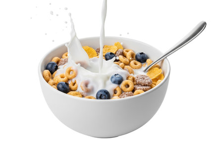 Bowl of cornflakes with milk and berries isolated on white backgroundの素材