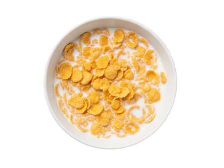 Bowl of tasty cornflakes on white background, top viewの素材