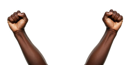 Two Raised Dark Fists: Arms Extending Upward with Clenched Hands Against a White Background, Symbolizing Empowerment and Strengthの素材