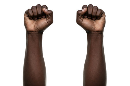 Raised Dark-Skinned Fist: A Close-Up of an Arm Extending Upward with a Clenched Fist, Isolated on a White Background, Symbolizing Strengthの素材