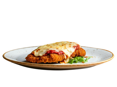 parmigiana Traditional Italian comfort dish. Beef fillet or Chicken breast covered in breadcrumbs lightly fried, topped with homemade marinara, melted mozzarella, parmigiana provolone and Italian parsley.の素材