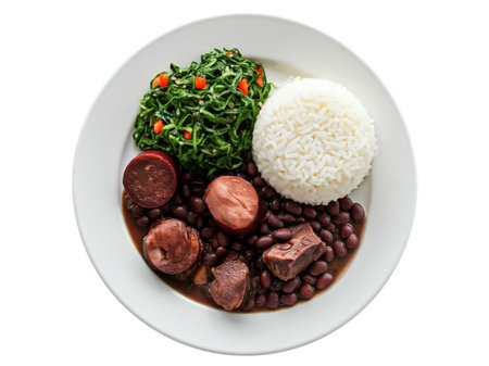 Typical Brazilian dish called Feijoada. Made with black beans, pork and sausage. Top view. Transparent backgroundの素材