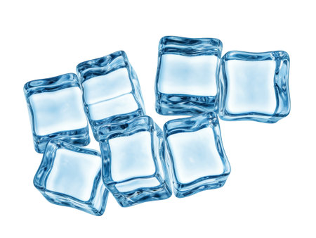 Falling ice cube, isolated on white background, Close up clear ice cubes and rocks, low angle side viewの素材