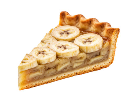 Slice of fresh baked homemade banana pie with fruit slices. isolated on transparent backgroundの素材