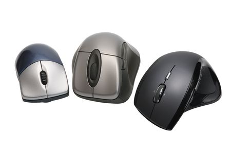 Modern wireless computer mouses on white background, isolatedの写真素材