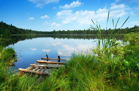 Lake in the forest with a flooring for bathing of logsの写真素材