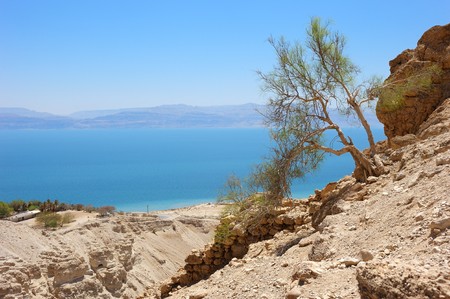 View of the Dead Sea from the slopes of the Judean Mountains in the area of the reserve of Ein Gediの写真素材