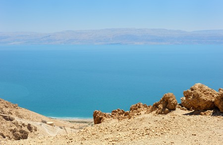 View of the Dead Sea from the slopes of the Judean Mountains in the area of the reserve of Ein Gediの写真素材