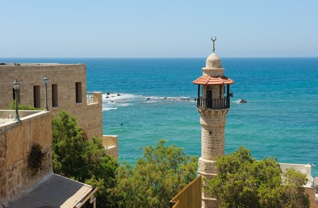 The sea, the houses and trees of Old Jaffa