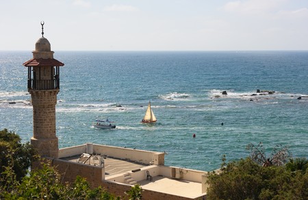 The sea, the houses and trees of Old Jaffaの写真素材