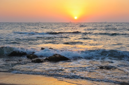 Mediterranean coast in the evening and the setting sun.の写真素材