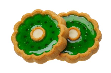 Brown sweet Cookies with green jelly, isolatedの写真素材