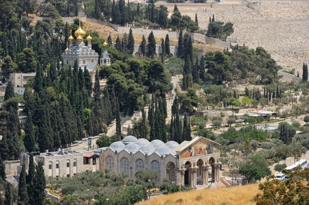 Mount of Olives, Church of All Nations and Church of Mary Magdalene, view from the walls of Jerusalem.の写真素材