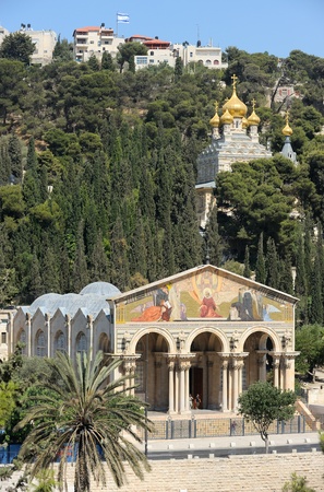Mount of Olives, Church of All Nations and Church of Mary Magdalene, view from the walls of Jerusalem.の写真素材