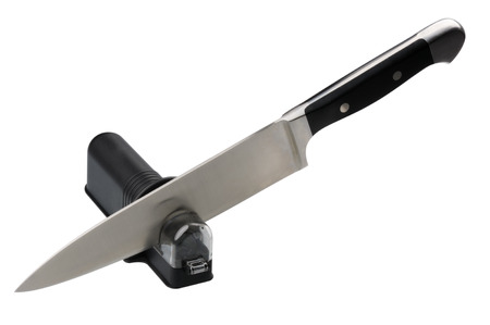 Knife sharpener and knife, isolated on a white background 
