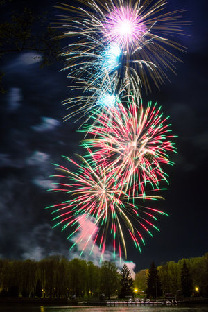 Bright multi-colored fireworks lights in the black night sky during the holidayの写真素材
