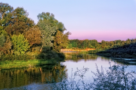 Landscape. Evening on river. River Sakmara, Russia.の写真素材