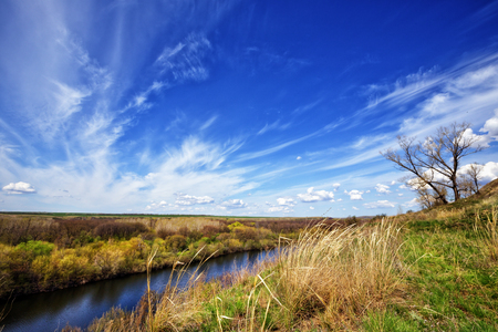 Spring landscape with river and blue skyの写真素材