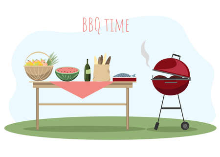 Barbecue time illustration. Grill and table with foodのイラスト素材