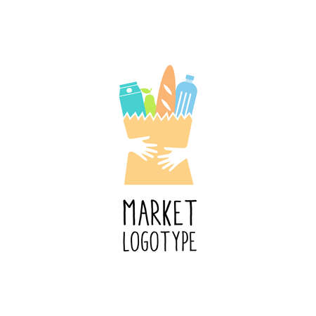 food market sign. hand and food in paper basket vectorのイラスト素材