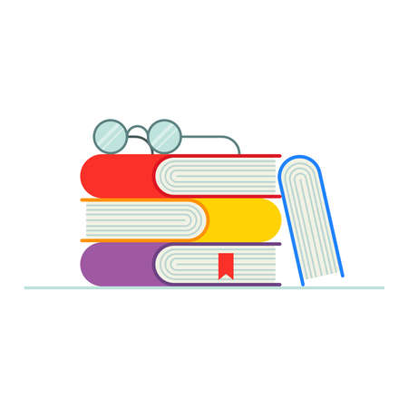 Open book on red cover and stack of books flat design vector illustration. Reading, education and knowledge. E-book, literature, encyclopedia. Template for Books Shop advertisingのイラスト素材