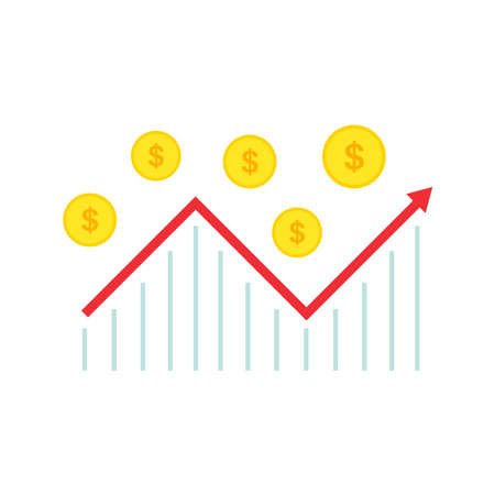 Coin price up graph, Many coins, Pile of money, No background, Vector, Flat icon, Gold stack of dollar coins, Investment concept.のイラスト素材