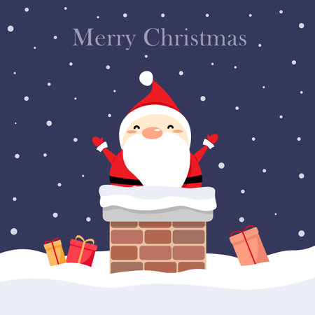 Santa Claus sitting on chimney stuck or smoke funnel. Christmas holiday character on brick pipe. Merry Christmas illustration.のイラスト素材