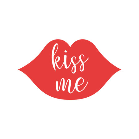 Kiss me hand-written text, slogan, words, typography, calligraphy, hand-lettering in lips shape silhouetteのイラスト素材
