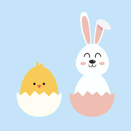 little rabbit and chick with egg painted easter charactersのイラスト素材