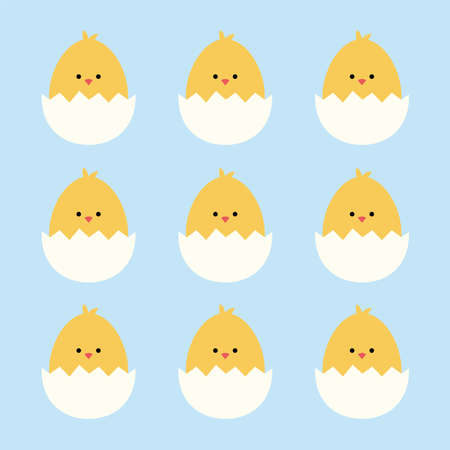 Vector seamless pattern with cute yellow Easter chickens on a blue background. kawaiiのイラスト素材