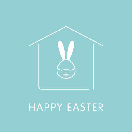 Happy Easter 2021 Card with Funny Vector Minimalist Icon Cartoon Character of Small White Bunny Rabbit Wearing Protective Face Mask or Respirator staying at home in Quarantine. COVID-19 Reaction.のイラスト素材