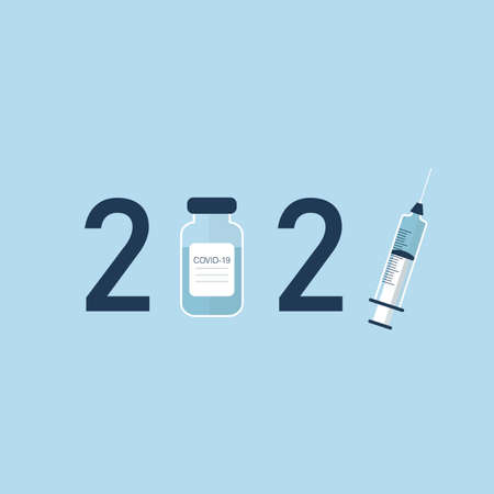 Logo design for the year 2021 with a syringe and a vaccine. A cure for viruses.のイラスト素材