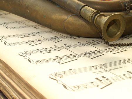 Brass trumpet and musicの写真素材