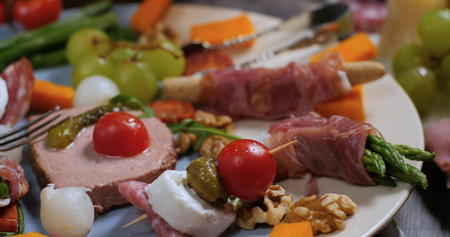 View of a platter of cured meat (charcuterie), ham, salami, pate and cheeseの写真素材