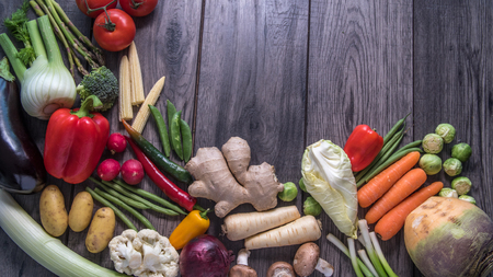 Top down view of a geometrical pattern of fresh, healthy, organic vegetablesの写真素材