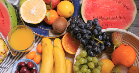 Top down view of an assortment of fresh, healthy, organic fruitsの写真素材