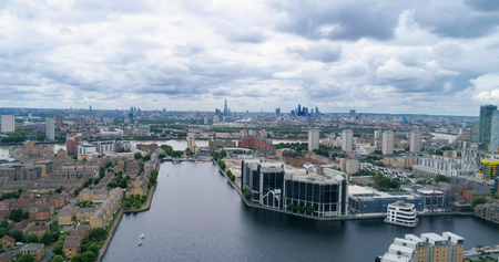 Aerial view of the Millwall outer dock in the financial district of the Docklands in Londonのeditorial素材