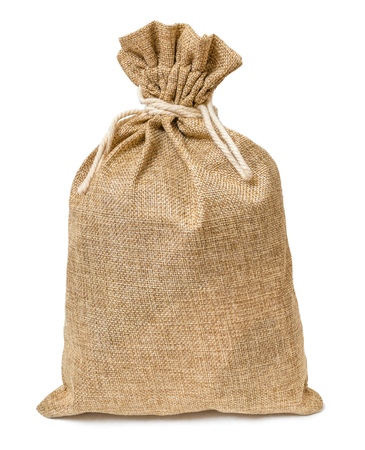 Jute bag full of money isolated on white background.の写真素材