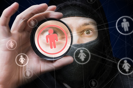 Social network security and privacy concept. Hacker is spying on user account.