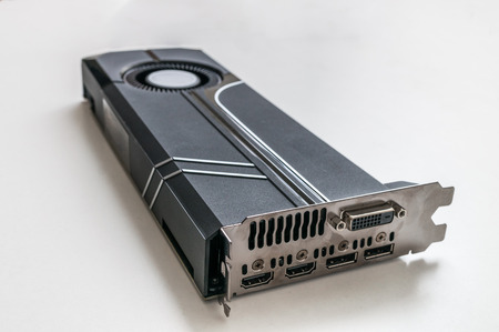 Blower type modern gaming videocard on white background.