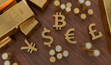 3D rendered illustration of gold bars and golden currency symbols. Stock exchange and banking concept.の写真素材