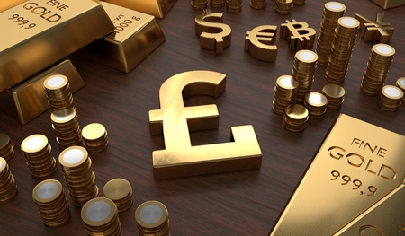 Investment and banking concept. Golden pounds symbol and coins. 3D rendered illustration.の写真素材