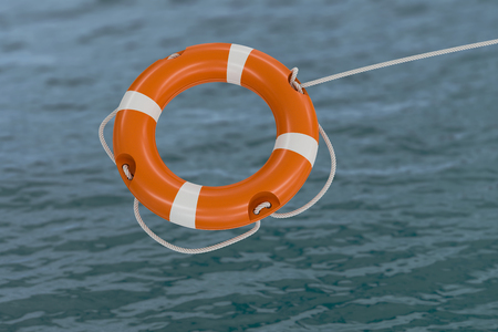 3D rendered illustration of orange life buoy. Sea in background.
